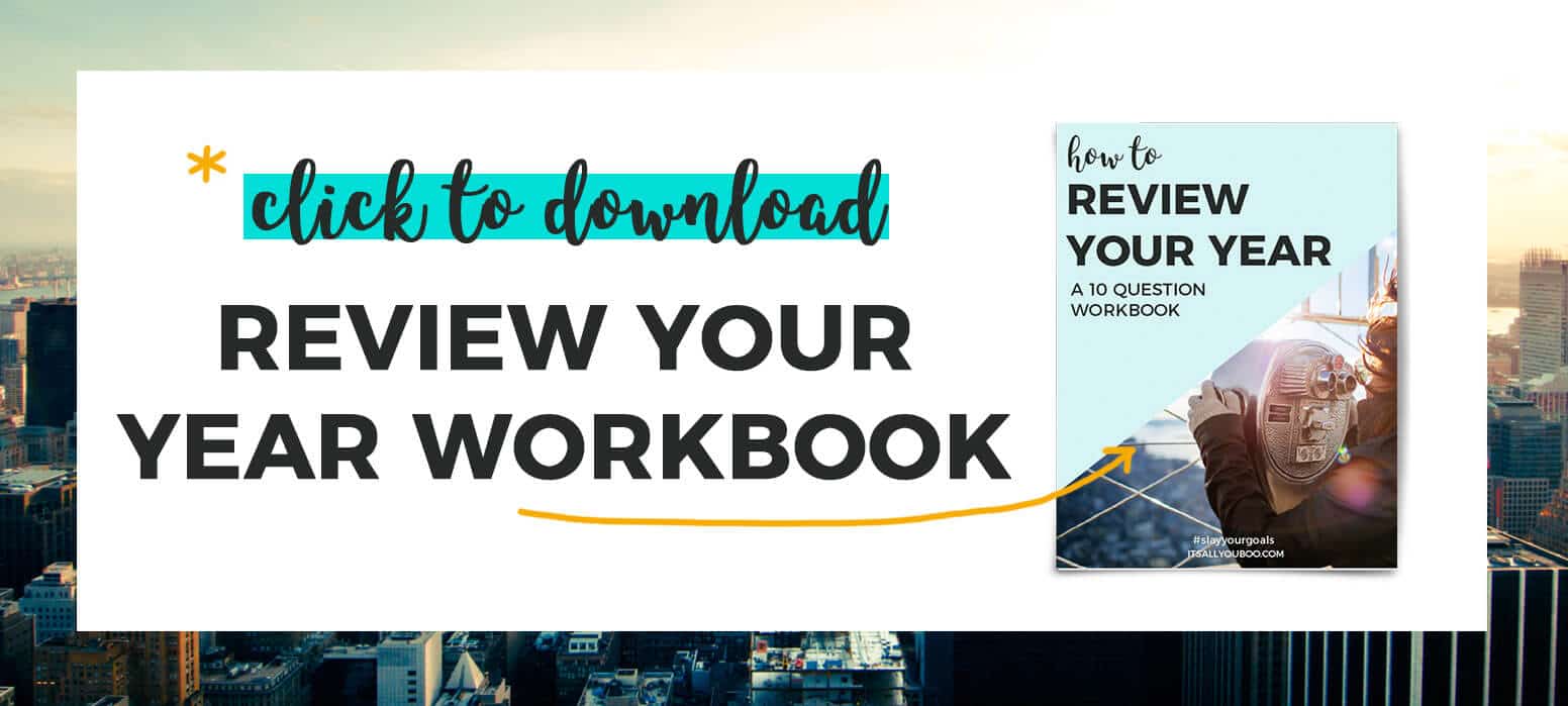 "*Click to download your free Review your year workbook" with preview of workbook