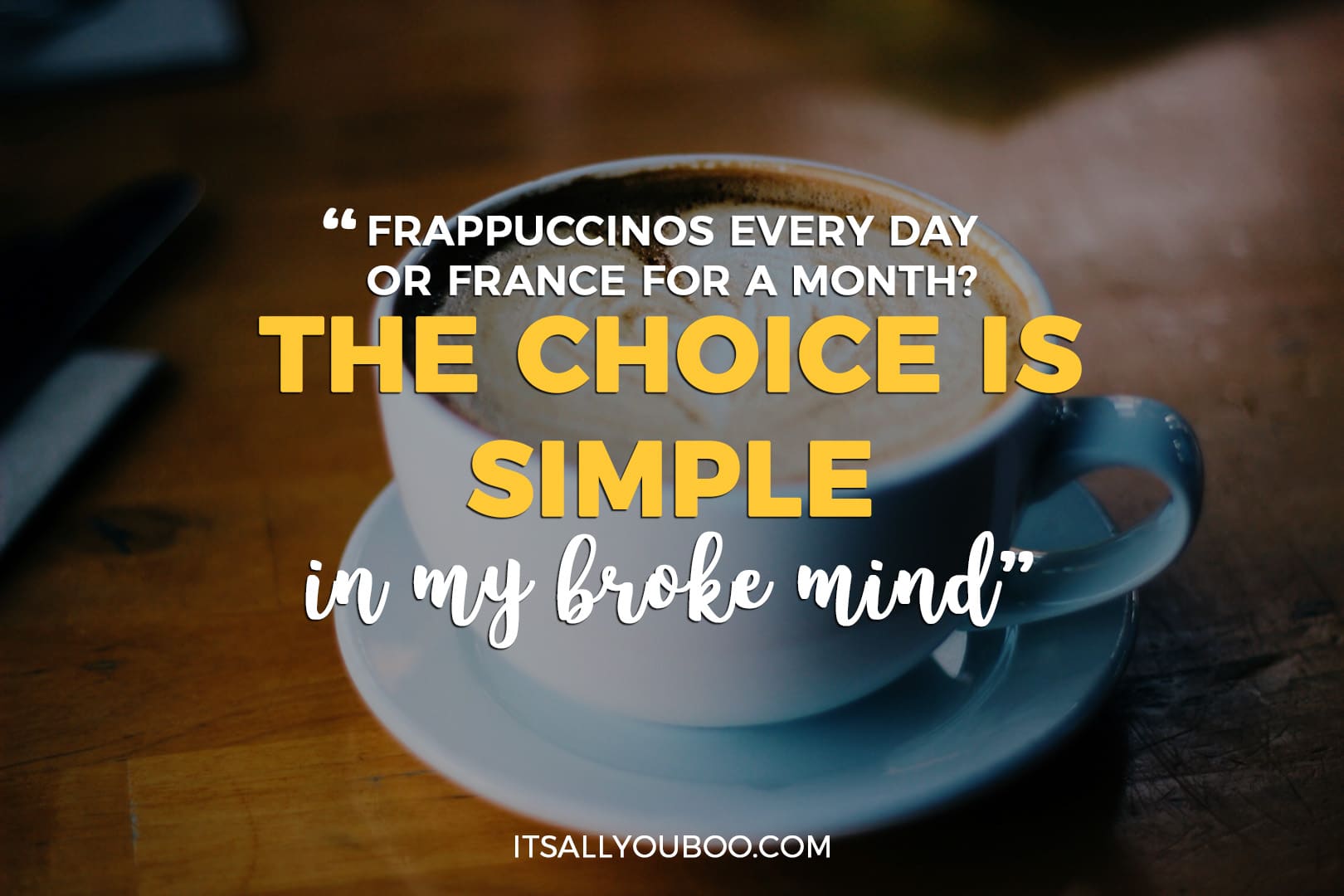 coffee cup with the quote "Frappuccinos every day or France for a month? The choice is simple in my broke mind."