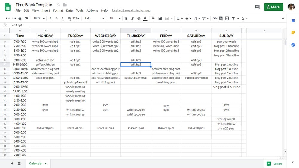 How to time block your day in Google Sheets