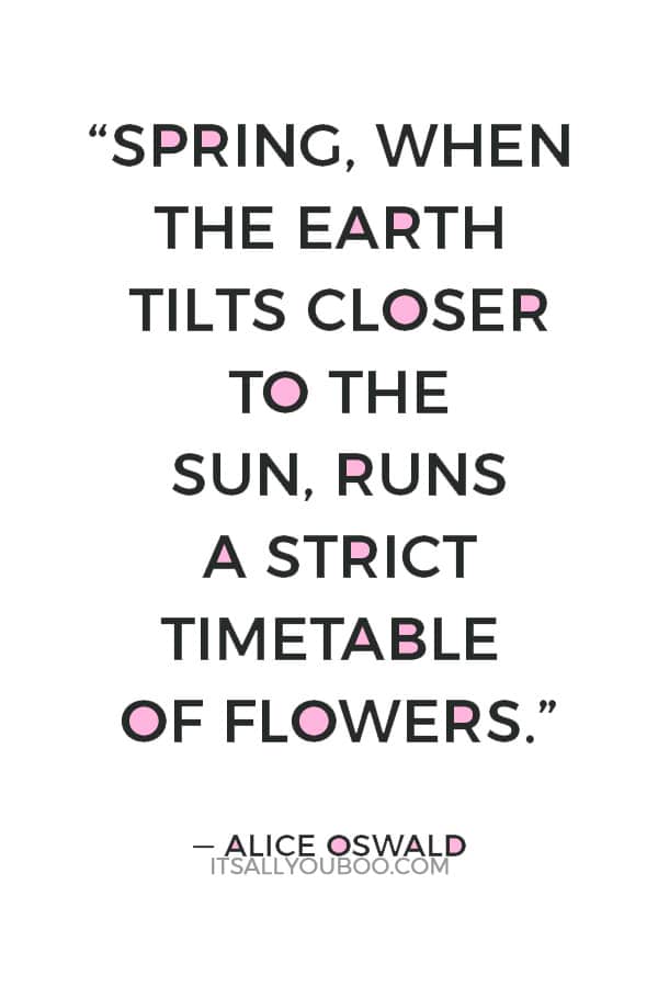 “Spring, when the earth tilts closer to the sun, runs a strict timetable of flowers.” ― Alice Oswald