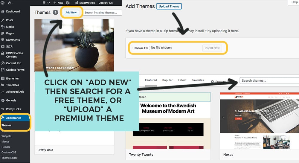 add a new theme or upload premium theme