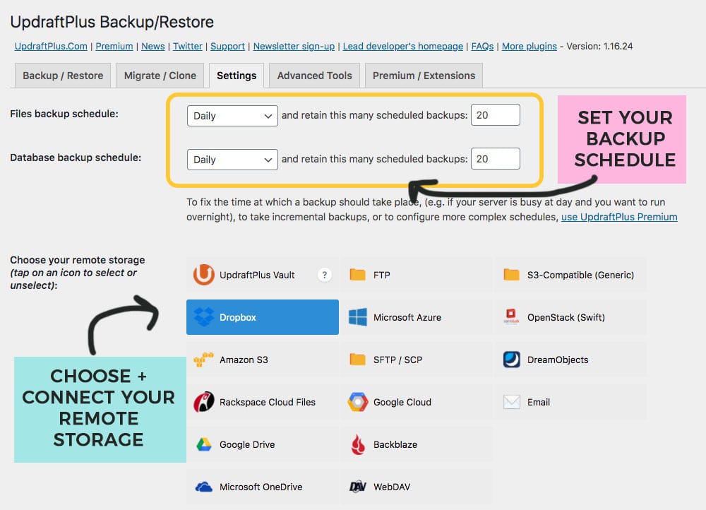 Updraft backup plugin settings