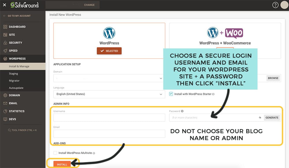 choose a username and password for your siteground wordpress blog