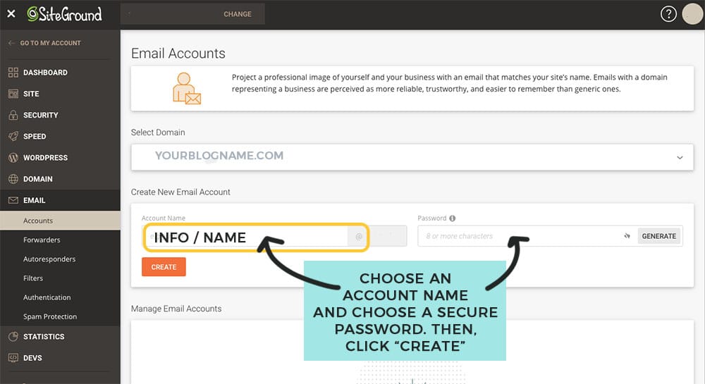 create an email account in SiteGround