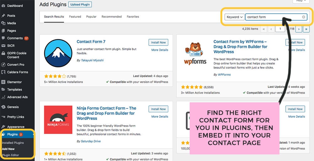 add a contact form plugin to your new blog