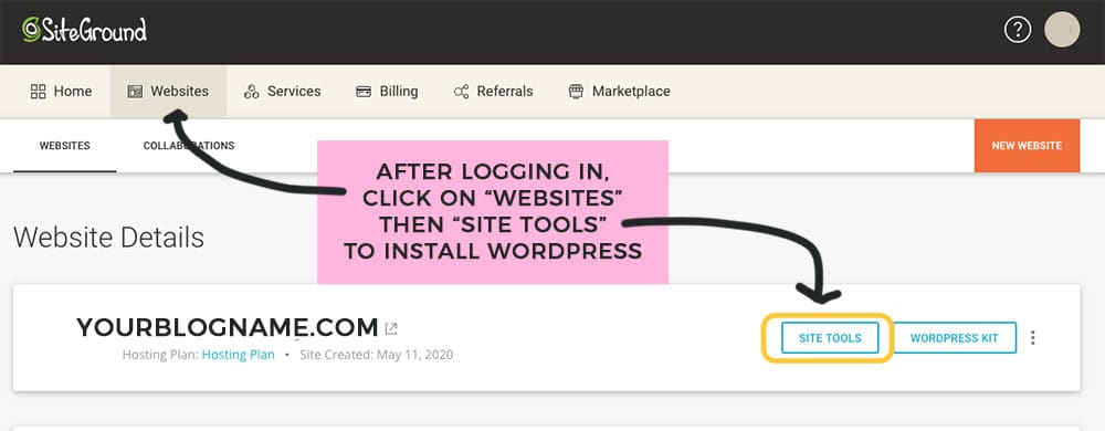 log into siteground to install wordpress to start your blog