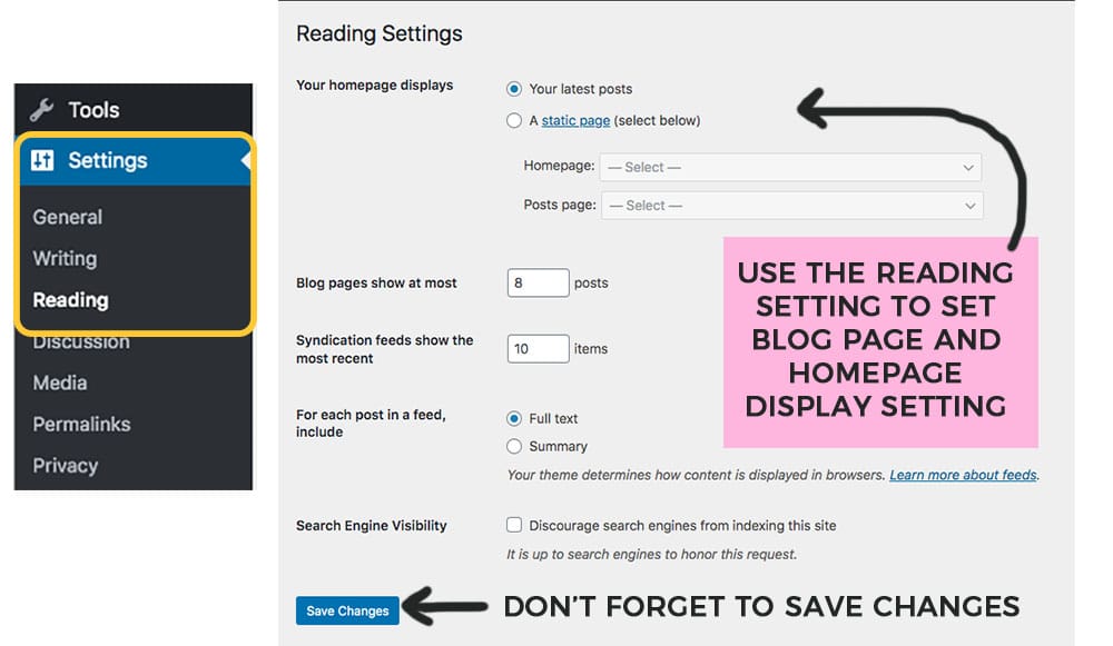 how to set your homepage blog posts setting