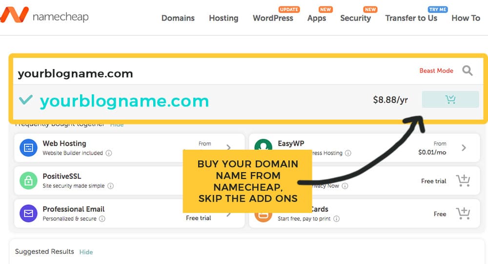 adding your blog domain to cart in NameCheap