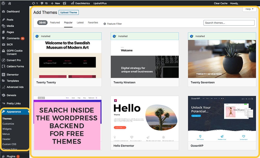 find a free theme in WordPress backend