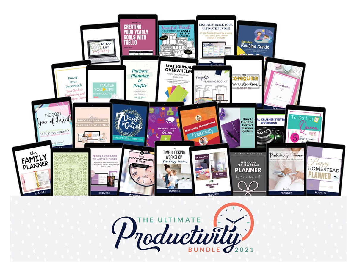 A preview of all the resources included in the 2021 ultimate productivity bundle