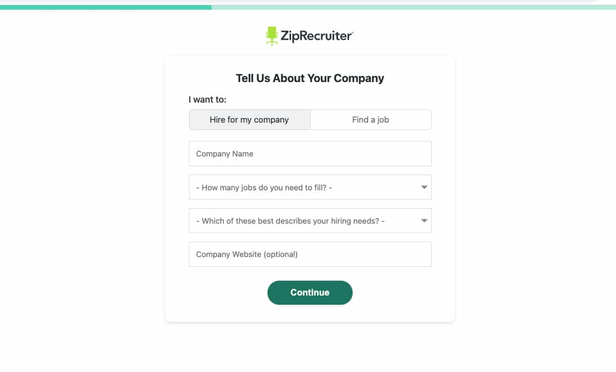 Tell Us About Your Company page on ZipRecruiter