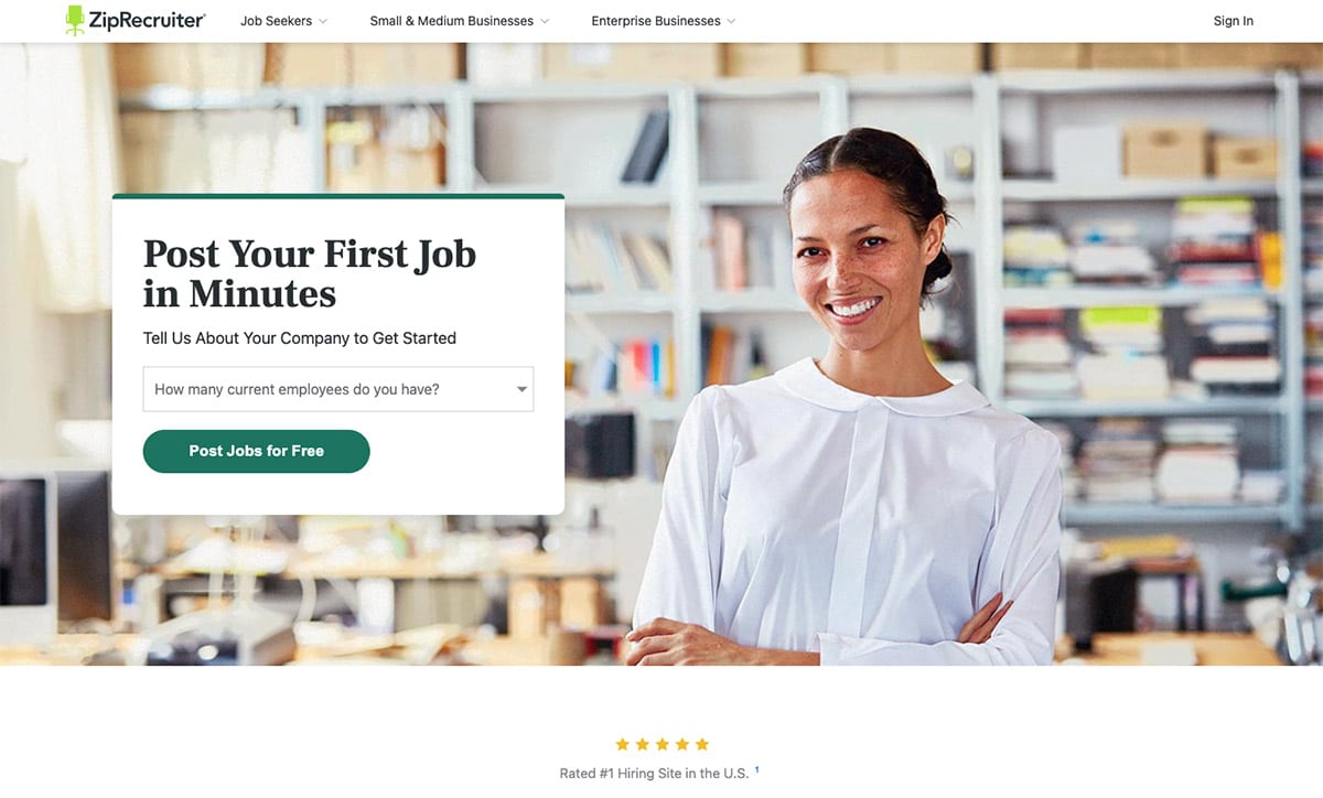 ZIpRecruiter Home Page "Post Your First Job in Minutes"