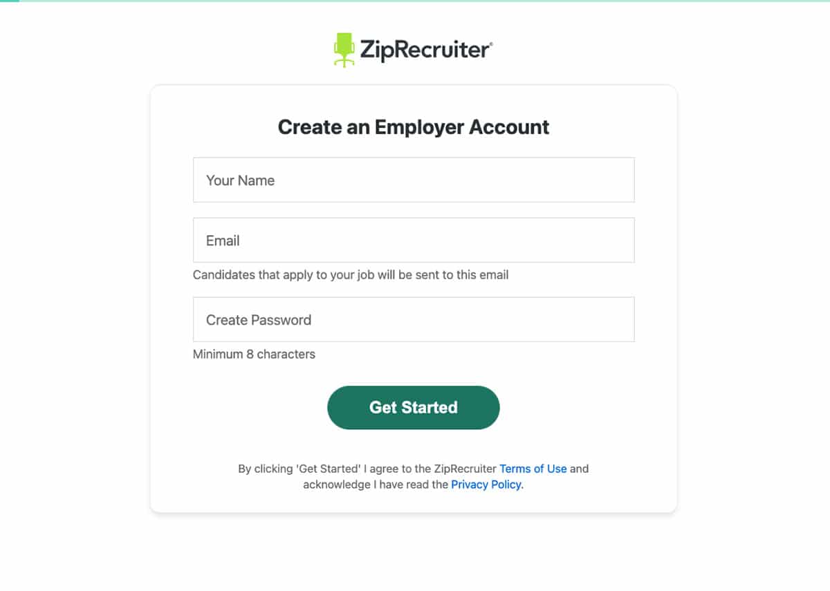 Create a business account page on ZipRecruiter website