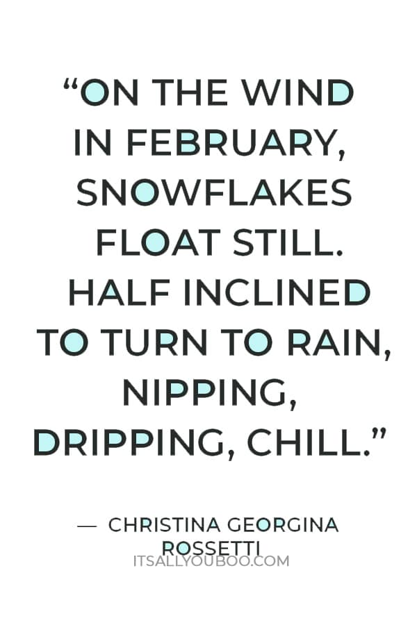 “On the wind in February, snowflakes float still. Half inclined to turn to rain, nipping, dripping, chill.” ― Christina Georgina Rossetti