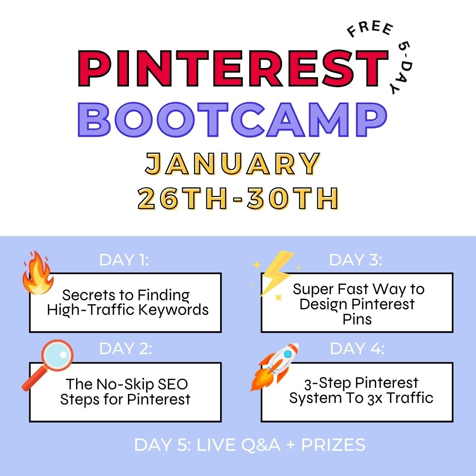 Pinterest Bootcamp Promo showing the event schedule.