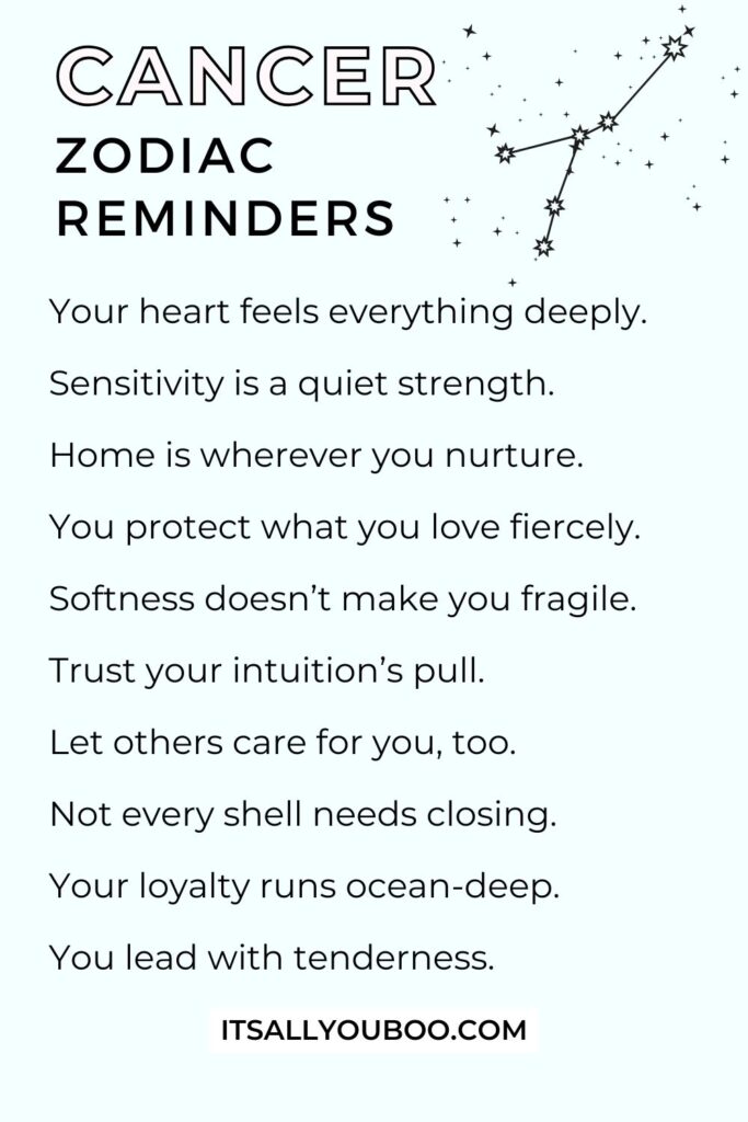 List of Cancer Zodiac Reminders. For the reader to save for later.