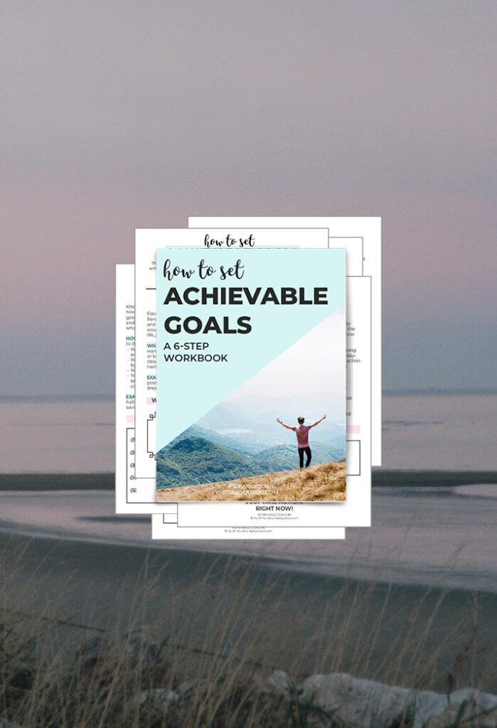 Achievable Goals Workbook Preview with pages over a thoughtful background.