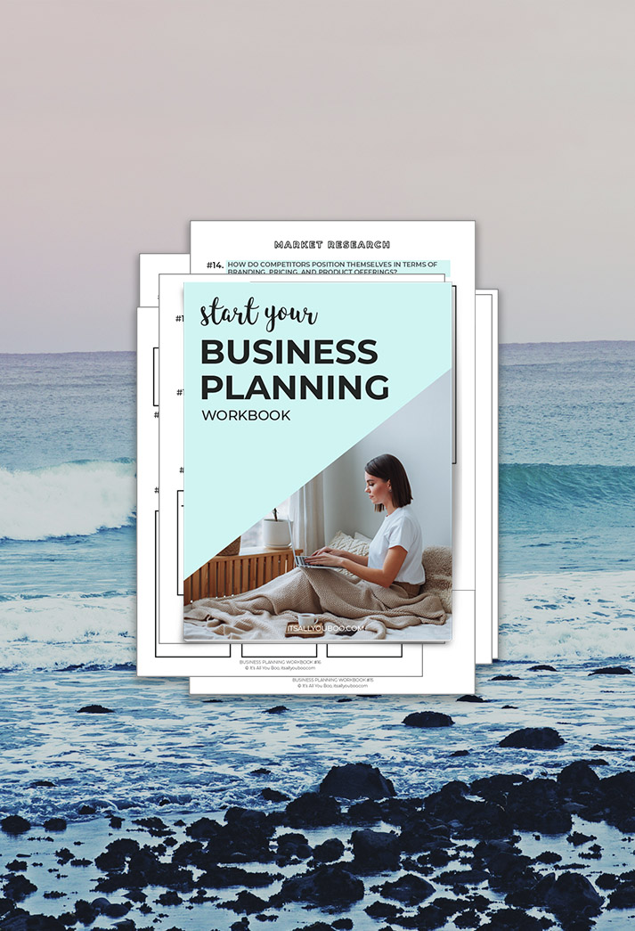Business Planning Workbook Preview with pages over a water background.