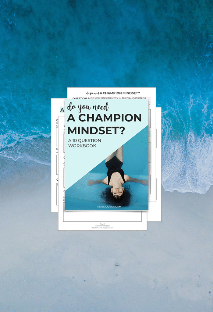 Champion Mindset Workbook Preview Pages over a blue beach.