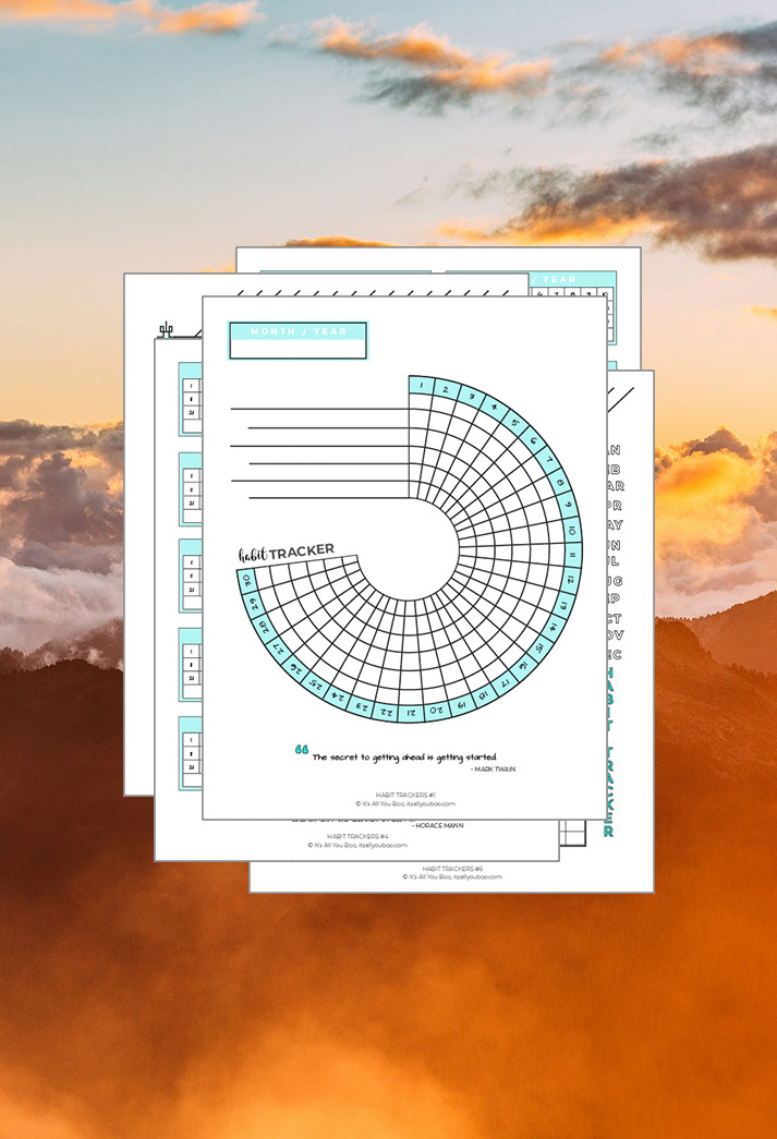 Habit Tracker Printables Preview over an orange sky background.
