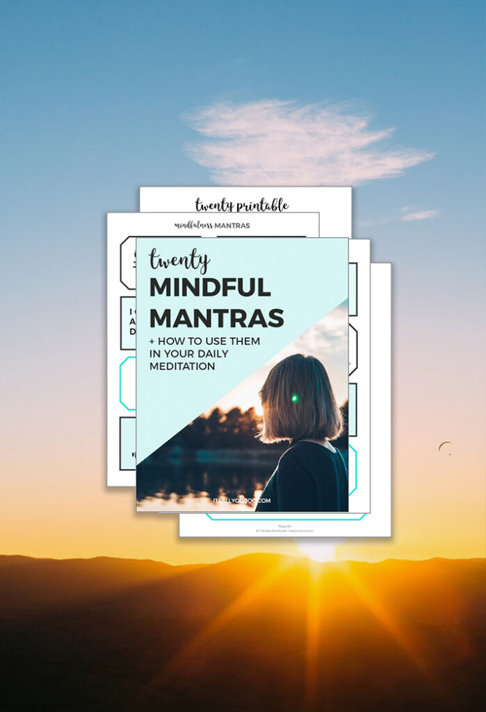 Printable Mindful Mantras Preview Pages in front of a bright sunrise. 