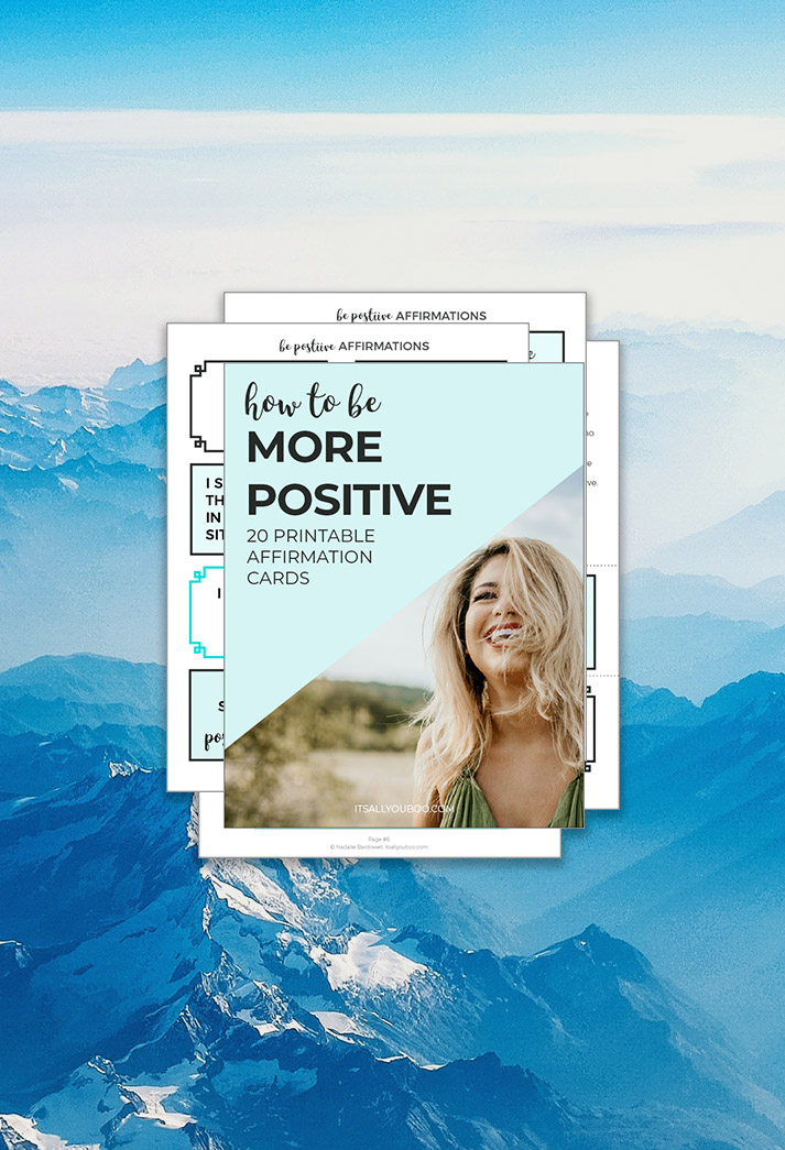 More Positive Affirmations Preview Pages with a blue mountain background.