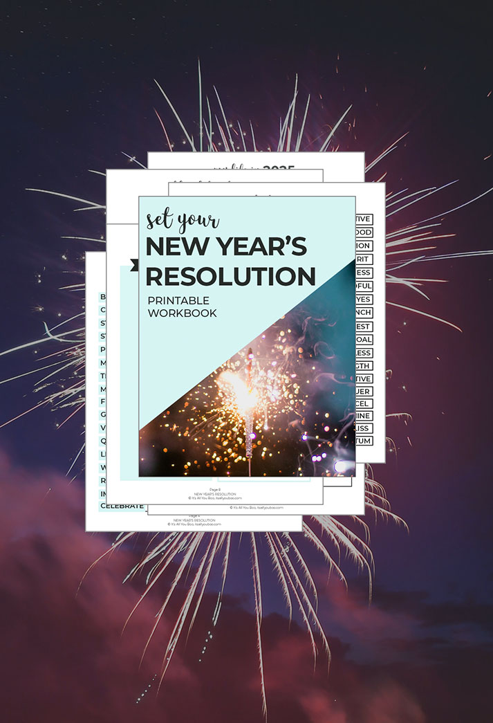 New Year's Resolution Workbook Preview in front of a fireworks background.
