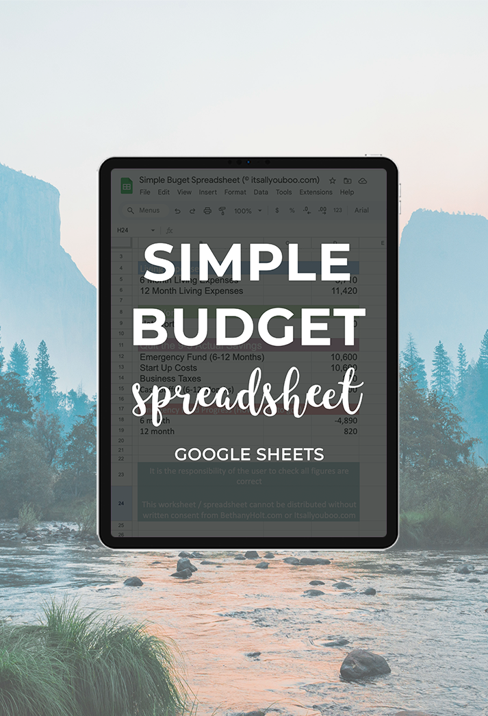 Simple Budget Spreadsheet Preview on iPad in front out nature background.