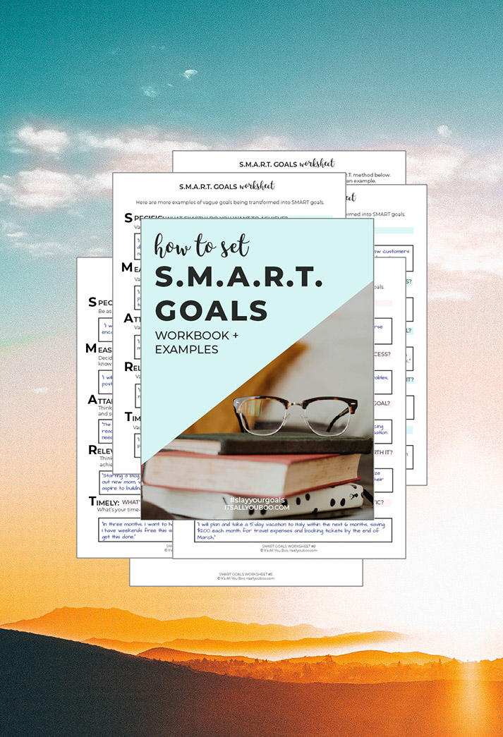 Free Smart Goals Workbook Preview in front of a pretty sky background.
