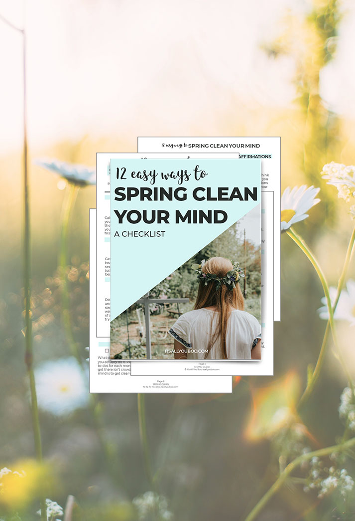 Spring Clean Your Mind Checklist Preview pages in front of a field of flowers background.