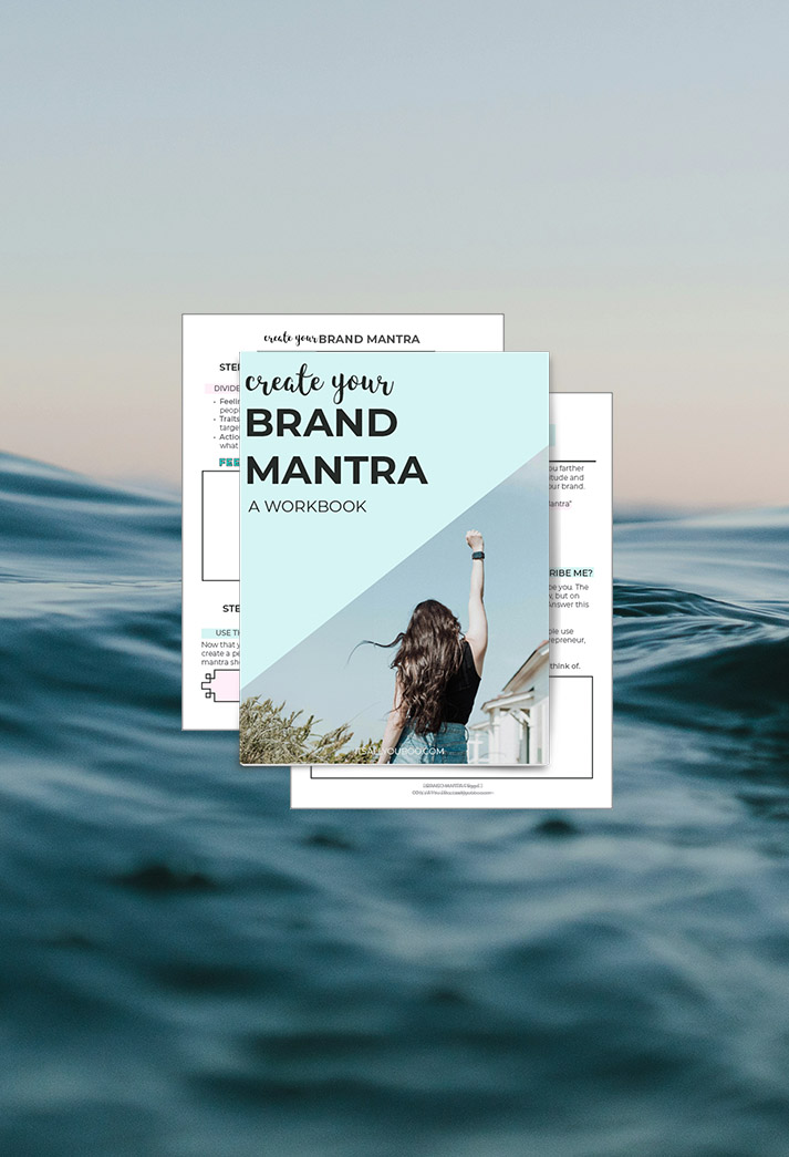 Printable brand mantra workbook preview with pages over a watery background.