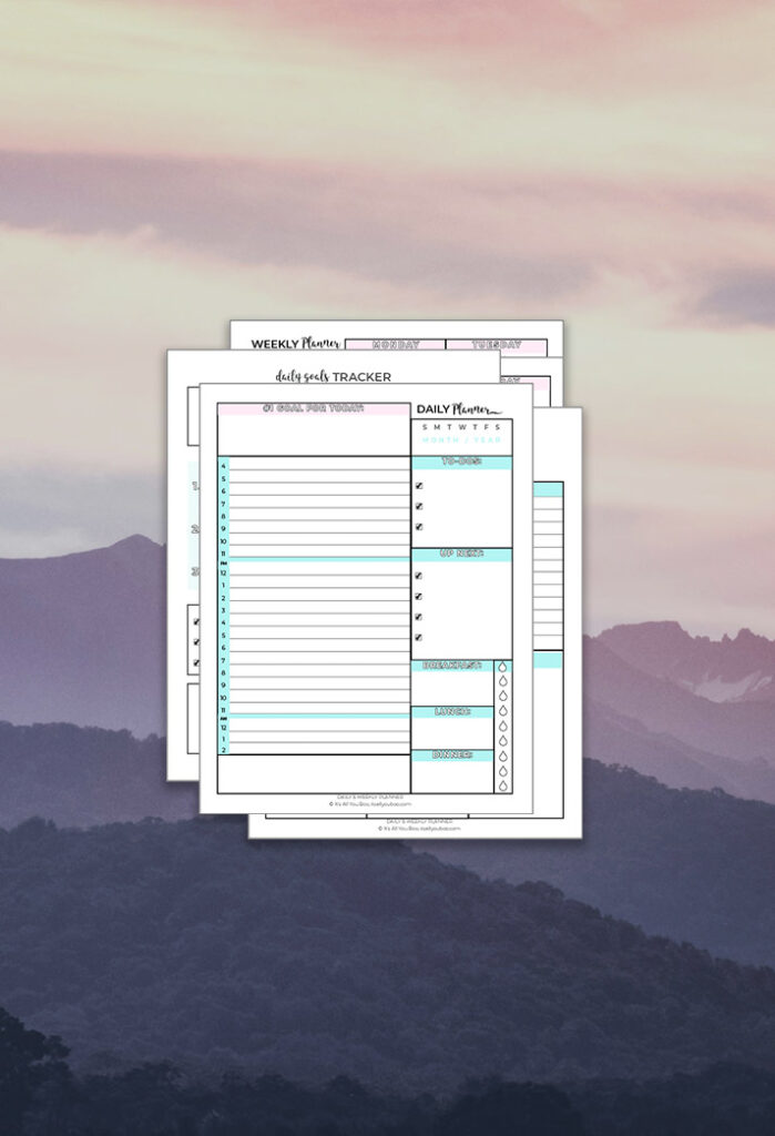 Printable daily weekly planner pages preview over a purple sky background.