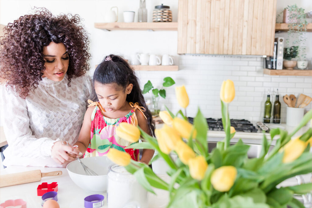 Baking with Child in Kitchen. Things to do with others in spring.