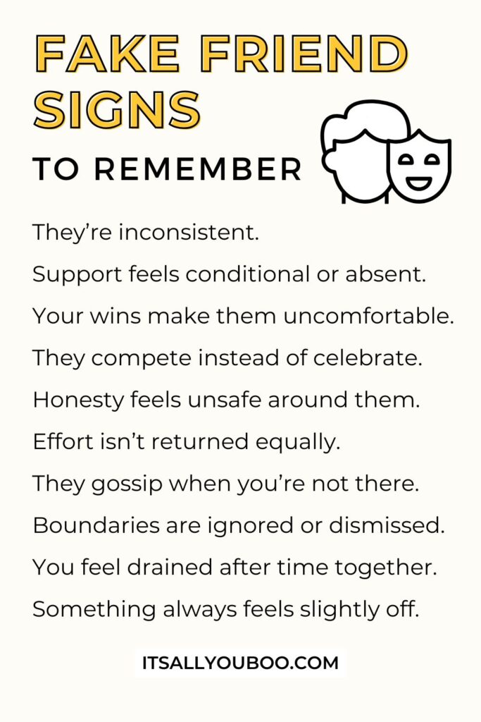 Fake Friendship Signs Reminders. Pinterest Pin for reader to save for later.